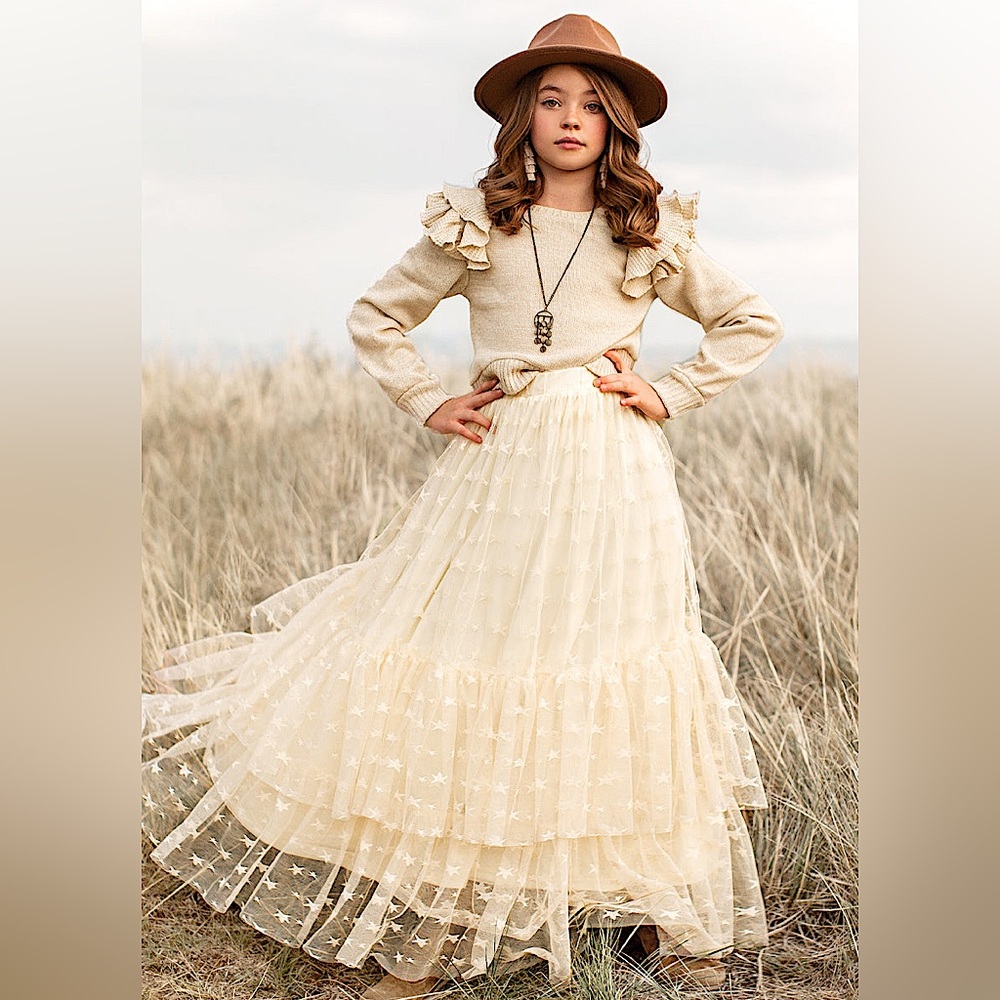 Joyfolie Mia Joy Full Creme Maxi Skirt with Ruffle Tiered Layers & Stars, NWT✨